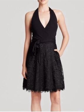 Diane Von Furstenberg Black Halter Lace Fit & Flare Wrap Dress